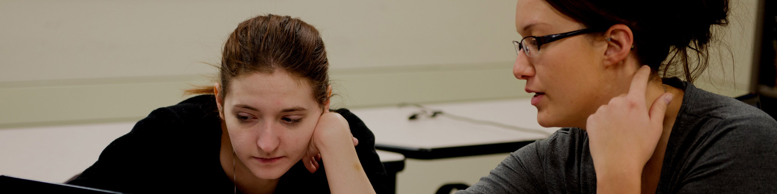 Two students looking at some data and talking